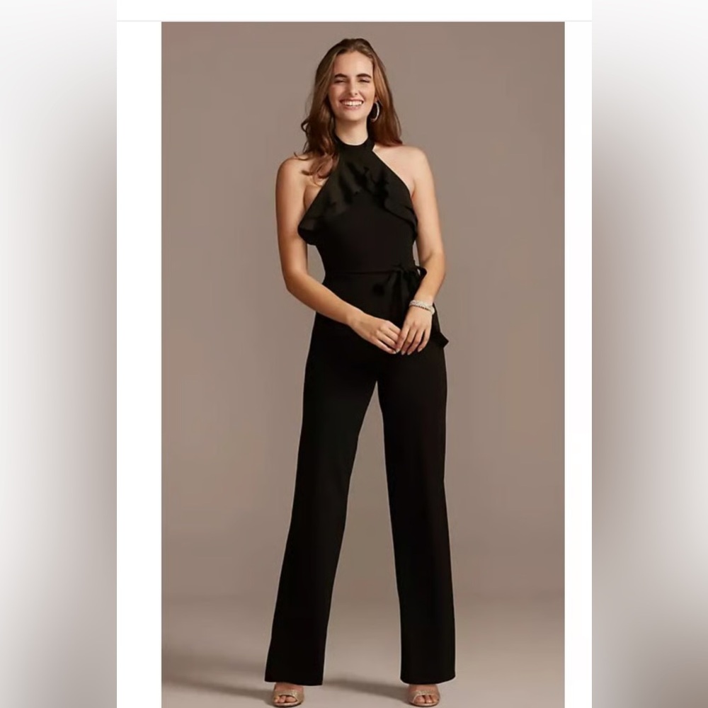 Bebe high neck double ruffle halter jumpsuit sz 12 EUC